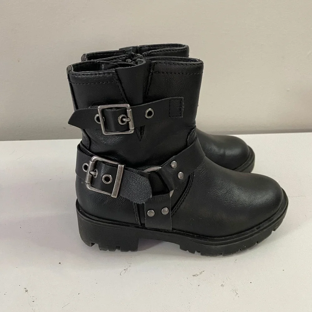 Lylah Moto Boots Kids Size‎ 11M Black Buckle Strap Lug Sole Zipper